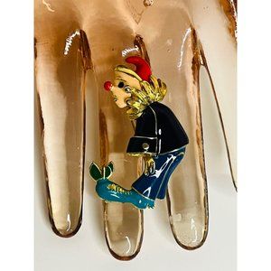 VINTAGE Enamel Clown Jester Brooch Pin Red Nose Gold Tone Funny Unique